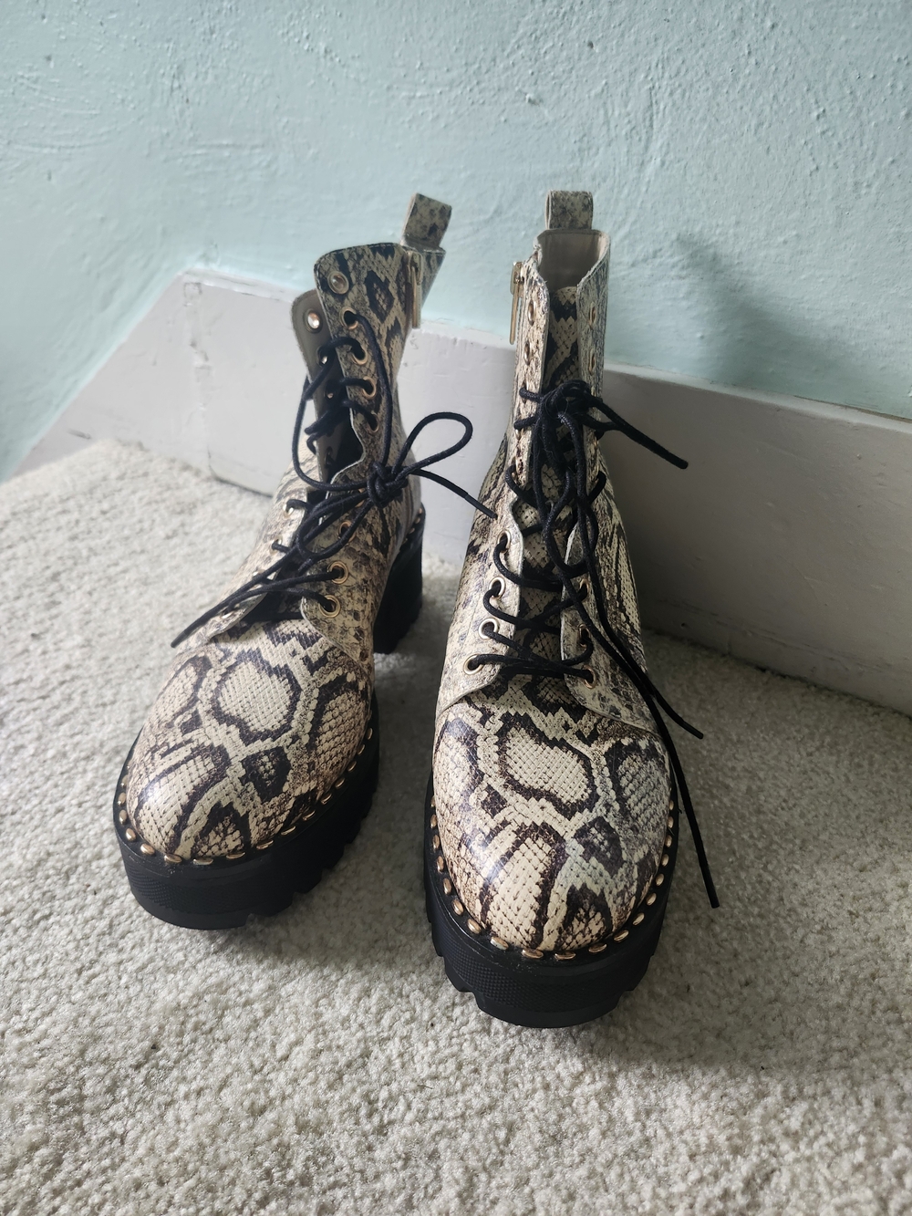 Vince Camuto Beige and Black Snake-Print Lace-Up Platform Boots
